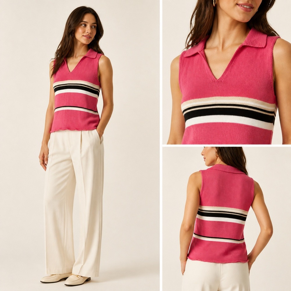 Vintage Jeanne Pierre Striped Polo Sweater Vest L Pink Cotton Preppy